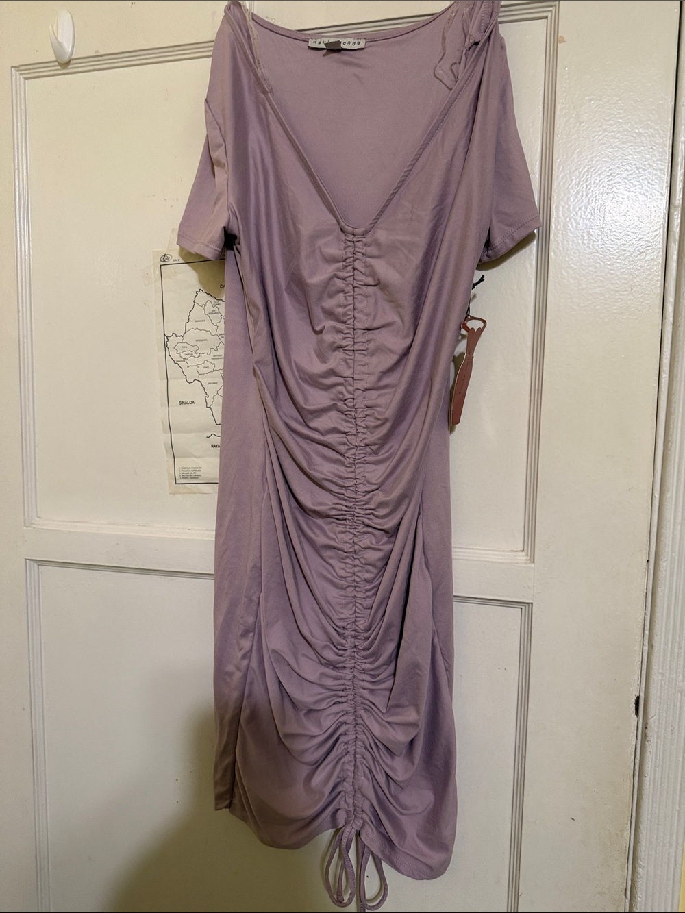 Ruched Lavender Midi Dress with V-Neck